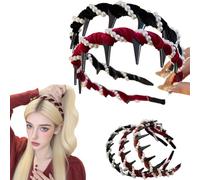 Lot de 2 bandeaux vintage avec perles artificielles Cranium - Accessoires de cheveux tendance - Pour femme - Élégants et décoratifs - Pour mariage et maison - Avec dents - Noir + bordeaux