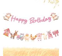 Lot de 2 bannières d'animaux de la ferme, bannières d'animaux de la ferme pour garçons et filles, fête prénatale et fournitures de fête d'anniversaire (rose joyeux)