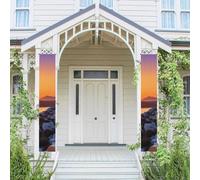 Lot de 2 bannières de bienvenue à suspendre pour porte d'entrée Printemps Été Porche Bannière île Grèce Coucher de soleil Paysage saisonnier Porte Panneau de Porche Ferme Intérieur Toile de Fond