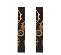 Lot de 2 bannières de décoration de porche à engrenages mécaniques Steampunk en polyester pour porte d'entrée, cour, cérémonie ou fête, réutilisables et lavables avec tiges et cordes