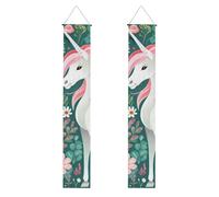 Lot de 2 bannières de décoration de porche licorne avec cheveux roses en polyester pour porte d'entrée, cour, cérémonie ou fête, réutilisables, lavables avec tiges et cordes