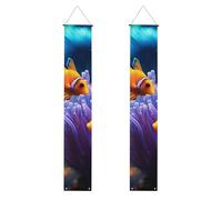 Lot de 2 bannières de porche décoratives en polyester motif poisson clown et corail pour porte d'entrée, cour, cérémonie ou fête, réutilisables, lavables avec tiges et cordes