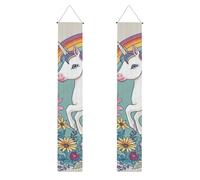 Lot de 2 bannières de porche licorne arc-en-ciel en polyester à suspendre pour porte d'entrée, cour, cérémonie ou fête, réutilisables et lavables avec tiges et cordes