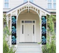 Lot de 2 bannières de porte - Aquarelle bleue - Pieuvre - Bannières de bienvenue à suspendre - Drapeau printemps été - Panneau de porche pour porte d'entrée, toile de fond murale - Panneau de porte