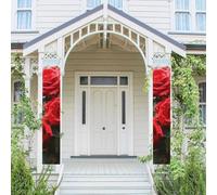 Lot de 2 bannières de porte de porche avec roses rouges Bush in The Garden - Bannières de bienvenue à suspendre - Drapeau printemps été - Panneau de porche pour porte d'entrée, toile de fond de porte