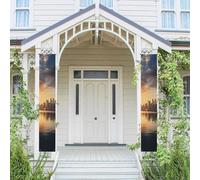 Lot de 2 bannières de porte de porche New York au coucher du soleil - Bannières de bienvenue à suspendre - Drapeau printemps été - Panneau de porte d'entrée - Panneau de porte d'entrée - Décoration de