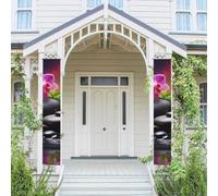 Lot de 2 bannières de porte - Fleurs dans une fontaine - Pierres de massage - Bannières de bienvenue à suspendre - Drapeau de printemps et d'été - Panneau de porte d'entrée - Panneau de porte d'entrée