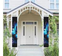 Lot de 2 bannières de porte pour porche - Motif papillon bleu galaxie - Bannières de bienvenue à suspendre - Pour le printemps et l'été - Panneau de porte d'entrée - Décoration de fête - Fond photo