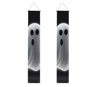 Lot de 2 bannières noires et fantômes d'Halloween pour porte d'entrée, décoration d'intérieur, drapeaux à suspendre, bannière de bienvenue pour extérieur et intérieur, fournitures de vacances 180 x