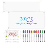 Lot de 2 bannières vierges personnalisables 300 x 50 cm + 300 x 100 cm avec 2 cordes suspendues de 6 m, 12 stylos textiles de différentes couleurs et 2 autocollants - Bannière publicitaire à peindre