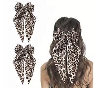 Lot de 2 barrettes à cheveux léopard pour femme avec grand nœud en satin avec longs rubans pour cheveux - Imprimé animal - Pinces à cheveux - Grand nœud en tissu - Pour queue de cheval