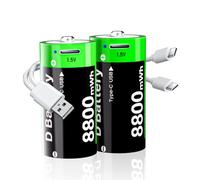 Lot de 2 batteries D rechargeables, 8800 mWh haute capacité au lithium D, avec câble de charge USB-C 2 en 1, LR20 1,5 V, taille D, pour lampe de poche, appareil photo, projecteur