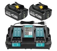 Lot de 2 batteries de rechange 18 V 5,0 Ah + chargeur double port 6 A DC18RD compatibles avec Ma-Kita 14,4 V-18 V BL1830 BL1850 BL1860 BL1840, etc. Batterie d'outils et chargeur DC18RD DC18RC DC18SF