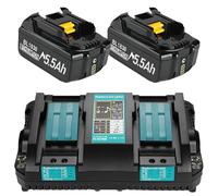 Lot de 2 batteries de rechange 18 V 5,5 Ah + chargeur double port 6 A DC18RD pour Ma-Kita 14,4 V-18 V BL1830 BL1850 BL1860 BL1840 BL1830B etc. Batterie d'outils et chargeur DC18RC DC18RD DC18SF DC18RA