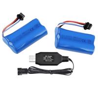 Lot de 2 batteries Li-ion rechargeables 7,4 V 2S 2000 mAh RC 18650 15C SM-4P Connecteur 4 broches avec chargeur USB pour voiture télécommandée hors route camion Jumper Véhicule Drone JJRC Wltoys Hosim