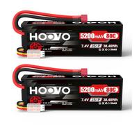 Lot de 2 batteries LiPo 2S - 7,4 V - 5200 mAh - 80 C - Boîtier rigide avec fiche en T - Pour voiture, camion, hélicoptère, avion, roche, avion, avion, avion, avion, hélicoptère, voiture, camion