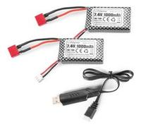 Lot de 2 Batteries Lipo 7,4V 1000mAh T Plug pour RC 18859, 18858, Q902, 35-DJ03 avec Chargeur USB, Argent