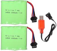 Lot De 2 Batteries Rc 7,4 V 1000 Mah 10 C Avec Prise Sm-4P Et Câble De Chargement Usb Pour Modèle De Voiture Rc Buggy Rc Boat Truck Rc Flatbed Semi-Trailer Et Batterie Gel Blaster