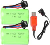 Lot De 2 Batteries Rc 7,4 V 700 Mah 10 C Avec Prise Sm-4P Et Câble De Chargement Usb Pour Modèle De Voiture Rc Buggy Rc Boat Truck Rc Flatbed Semi-Trailer Et Batterie Gel Blaster