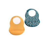 Lot de 2 bavoirs bleu et moutarde - - Décoré - Silicone