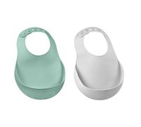 Béaba – Lot 2 bavoirs bébé silicone, imperméables, poche rattrape-aliments – Vert Sauge & Light Mist