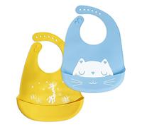Lot de 2 bavoirs imperméables en silicone de qualité alimentaire lavables en machine avec poches pour la collecte des débris, unisexe (chaton bleu ciel et agneau orange)