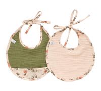 Lot de 2 bavoirs naissance gaze de coton fleurs beige et fougère