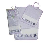 Lot de 2 bavoirs pour école maternelle à broder avec élastique 28 x 32 cm, serviette 40 x 55 cm avec bande en étamine, 100 % coton fabriqué en Italie (Lilla)