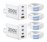 Lot de 2 blocs de charge USB C de 200 W, adaptateur pour iPhone 17/16/15 Pro Max, charge rapide, bloc de charge rapide GaN5 pliable à 4 ports, double 65 W pour ordinateur portable de type C pour