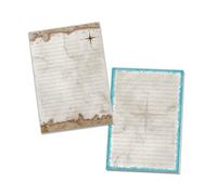 Lot de 2 blocs de papier à lettre ligné à motif pour enfants, école, pirate, thème maritime, aventure (1 bloc marron et 1 bloc bleu A5 de 25 feuilles)