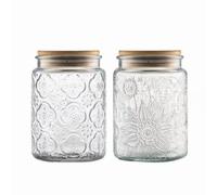 Lot de 2 bocaux vintage en verre hermétiques avec couvercles en bois de bambou pour comptoir de cuisine, garde-manger, café, thé, sucre, joli bocal de 70 ml (bégonia et tournesol)