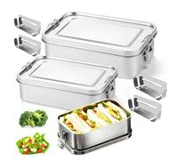 Lot de 2 boîtes à déjeuner en acier inoxydable - 850 ml et 1400 ml - Avec 4 compartiments - Anti-fuite - Pour soupe, salade, pain et repas restants