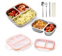 Lot de 2 Boîtes à Goûter avec Compartiments, Boîtes Bento en Acier Inoxydable avec Couvercles Étanches Transparent, Compartiments 2 et 3 Sections, Snack Box pour École, Bureau, Pique-nique, Voyage