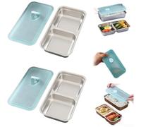 Lot de 2 boîtes à goûter réutilisables en acier inoxydable avec couvercle et double compartiment pour collations et condiments, 20 x 10,5 x 4 cm