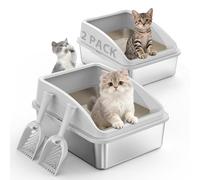 Lot de 2 boîtes à litière en acier inoxydable pour chaton | Boîte à litière en métal avec couvercle à haut côté pour petits chats ou chats blessés, bac à litière pour lapin, entrée basse, sans odeur