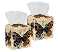 Lot de 2 boîtes à mouchoirs carrées, ailes colorées papillon et flore en cuir pour le visage, distributeur de papier toilette, commode, table de nuit, comptoir, bureau, voiture
