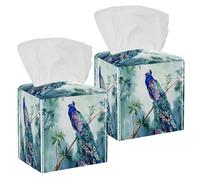 Lot de 2 boîtes à mouchoirs carrées, aquarelle, paon, oiseau, paradis d'oiseau, distributeur de papier pour le visage, distributeur de papier toilette, commode, table de nuit, comptoir, bureau