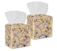 Lot de 2 boîtes à mouchoirs carrées en cuir à motif feuilles de ginkgo jaunes et marron pour coiffeuse, commode, table de nuit, bureau