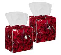 Lot de 2 boîtes à mouchoirs carrées en cuir aquarelle avec bouquet de fleurs rouges et roses rouges pour coiffeuse, réservoir de toilettes, commode, table de nuit, comptoir, bureau, voiture