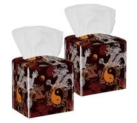 Lot de 2 boîtes à mouchoirs carrées en cuir avec élément chinois Tai Chi Dragon Distributeur de papier pour coiffeuse, réservoir de toilette, commode, table de nuit, comptoir, bureau, voiture