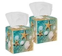 Lot de 2 boîtes à mouchoirs carrées en cuir avec étoile de mer et coquillages sur la plage d'été - Distributeur de papier pour coiffeuse, réservoir de toilette, commode, table de nuit, comptoir