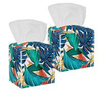 Lot de 2 boîtes à mouchoirs carrées en cuir avec feuilles de palmier d'été pour coiffeuse, réservoir de toilette, commode, table de nuit, comptoir, bureau, voiture