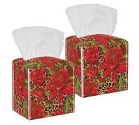 Lot de 2 boîtes à mouchoirs carrées en cuir avec fleur d'équinoxe rouge pour coiffeuse, réservoir de toilettes, commode, table de nuit, comptoir, bureau, voiture