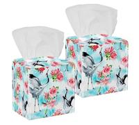 Lot de 2 boîtes à mouchoirs carrées en cuir avec grues et fleurs roses de lys et de lotus pour coiffeuse, réservoir de toilettes, commode, table de chevet, comptoir