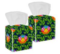 Lot de 2 boîtes à mouchoirs carrées en cuir avec motif fleurs de lotus colorées pour coiffeuse, réservoir de toilettes, commode, table de nuit, comptoir, bureau, voiture