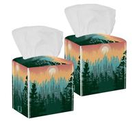 Lot de 2 boîtes à mouchoirs carrées en cuir avec motif forêt de pins et collines, paysage de montagnes d'été, distributeur de papier pour coiffeuse, réservoir de toilette, commode, table de nuit