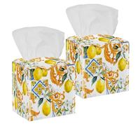 Lot de 2 boîtes à mouchoirs carrées en cuir avec motif fruits d'été et fleurs de citron, distributeur de papier pour coiffeuse, réservoir de toilette, commode, table de nuit, comptoir, bureau, voiture