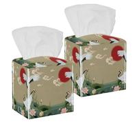 Lot de 2 boîtes à mouchoirs carrées en cuir avec motif grues japonaises au coucher du soleil, distributeur de papier pour coiffeuse, réservoir de toilettes, commode, table de nuit, comptoir, bureau
