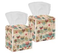Lot de 2 boîtes à mouchoirs carrées en cuir avec motif oiseaux et fleurs de lotus pour coiffeuse, réservoir de toilettes, commode, table de nuit, comptoir, bureau, voiture