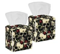 Lot de 2 boîtes à mouchoirs carrées en cuir avec motif tête de mort et roses rouges pour coiffeuse, réservoir de toilettes, commode, table de nuit, comptoir, bureau, voiture